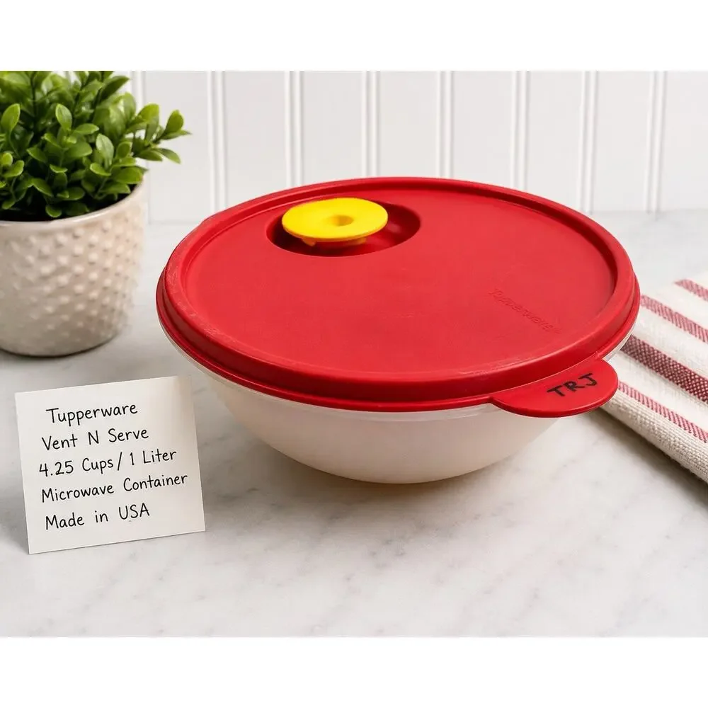 Tupperware Vent N Serve 4.25 Cup 1L Container Red Lid Yellow Vent USA